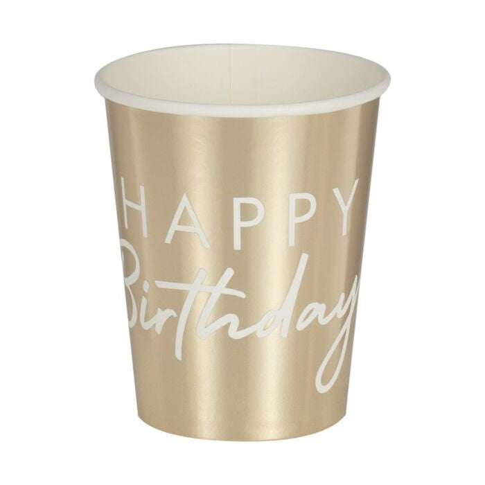 PAPER CUPS - HAPPY BIRTHDAY GOLD - PACK OF 8