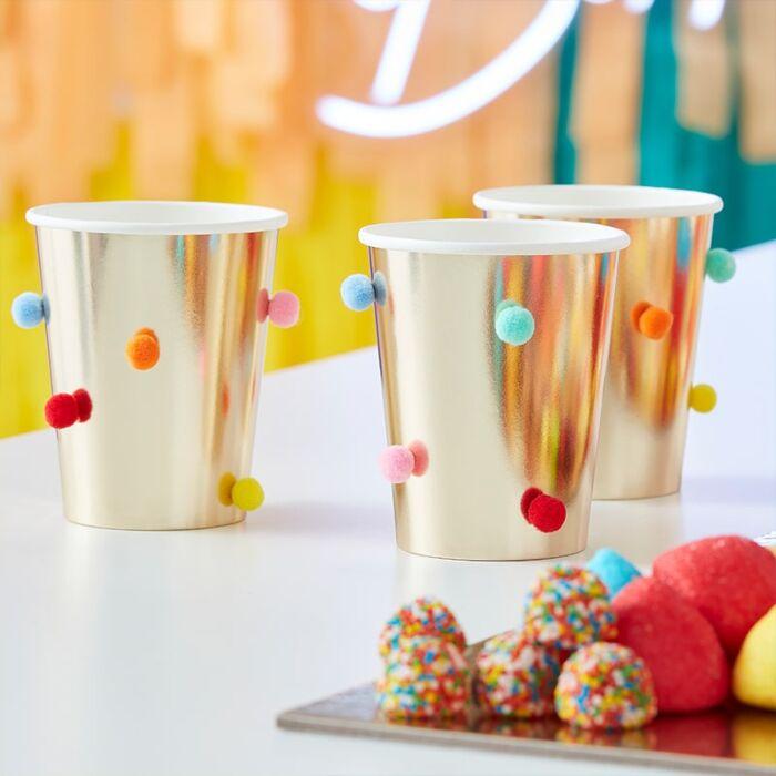 RAINBOW POM POM GOLD PAPER PARTY CUPS-CUPS-Partica Party